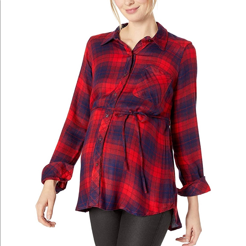 Motherhood Maternity Red Buffalo Plaid Button Front Tunic